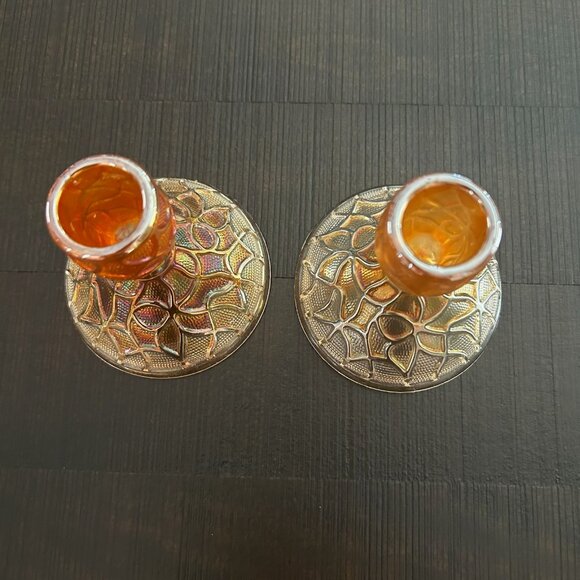 Vintage Imperial Glass Tree of Life Candlesticks Set  Iridescent Marigold - Picture 4 of 7